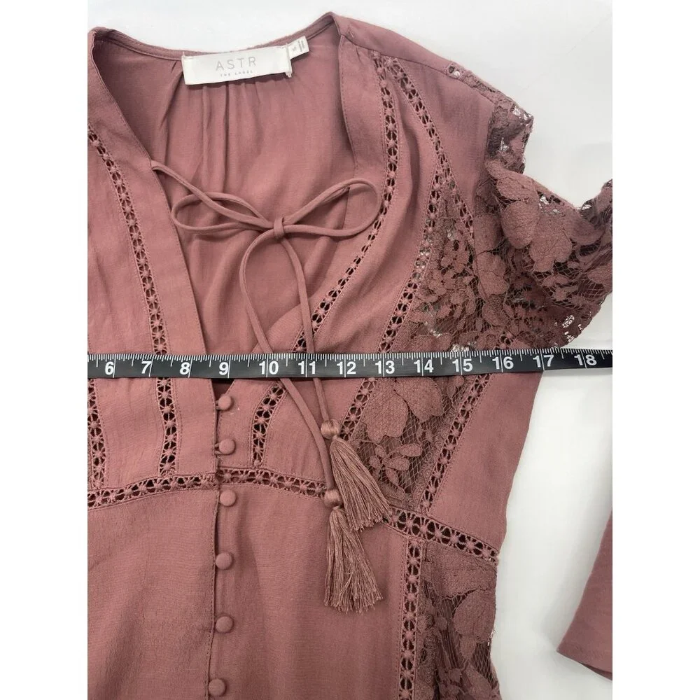 ASTR The Label Copper Ditsy Long Sleeve Midi Dress Sz S Lace Whimsy Boho Ruffles